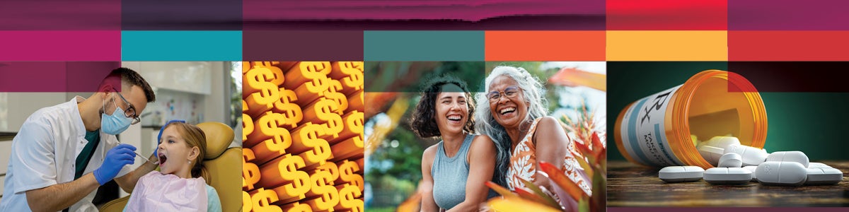 Four separate images visually connected. A dentist examining the mouth of a child, many dollar signs, two women similing and laughing at the camera, and an open bottle of prescription medication with pills flowing out