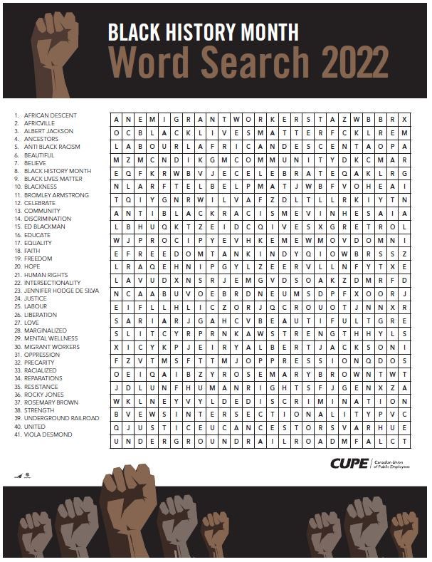 Black History Word Search Canadian Union Of Public Employees