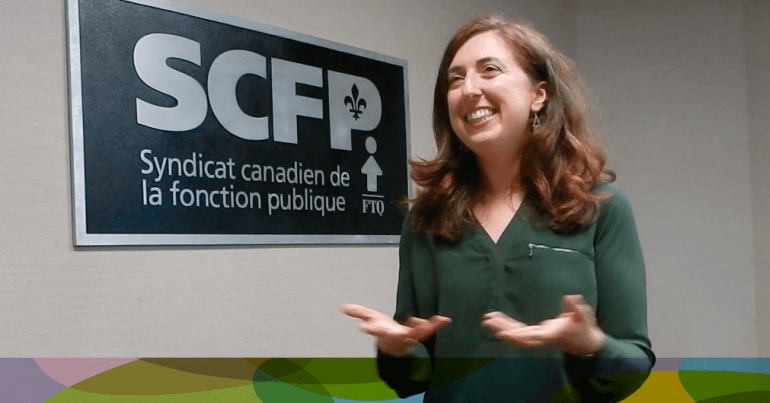 Emilie White SEUM-CUPE 1244 next to black and grey sign that says SCFP