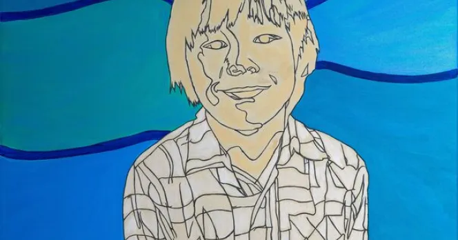 drawing of a young boy on a blue swirling background