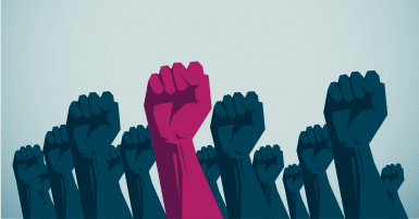 illustration of raised blue fists with one deep pink fist in the middle