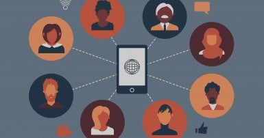 Illustration of a group of diverse businesspeople participating in a video call. A smartphone is at the centre of the circle of people.