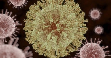 Large yellow model of zika virus cell surrounded by pink zika cells on a black background
