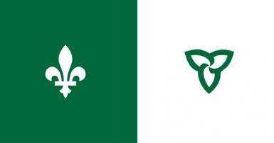 drapeau du Franco-Ontario, fleur-de-lys blanc sur un fond vert à gauche, fleur de trille vert sur on fond blanc à droit