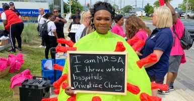 MRSA puppet at a rally in Etobicoke against privatizing hospital cleaning