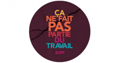 Text: It's not part of the job Graphic: dark purple background with black crack, round