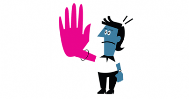 Stop harassment Cartoon of frowning person with blue skin holding up one exaggerated big pink hand in a stop motion