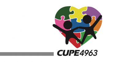 CUPE 4963 logo. Two stick figure people, over a multi-colour hear that looks like a jigsaw puzzle