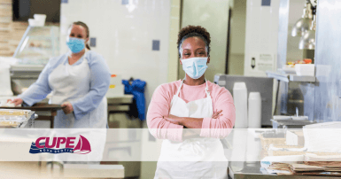 Web banner. Photo: 2 cafeteria workers. Image: CUPE NS logo