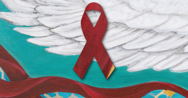 Red ribbon on a blue background with a white wing 