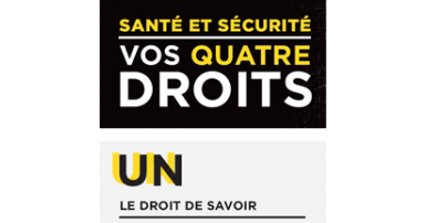 Affiche Vos quatre droits Texte blanc et jaune sur on fond noir: santé et sécurité, vos quatre droits. Un, le droit de savoir