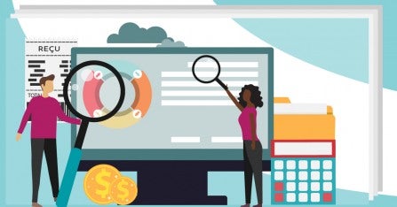 Conférence finances Sen$ées Caricature de deux personnes minuscules tenant des loupes devant un écran d'ordinateur