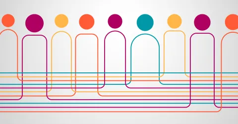 An abstract graphic of people with bodies as single lines and different coloured circles for heads