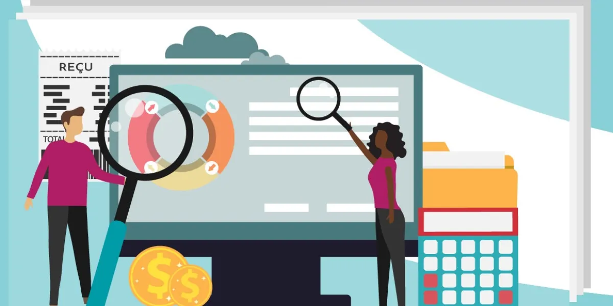 Caricature de deux personnes minuscules tenant des loupes devant un écran d'ordinateur