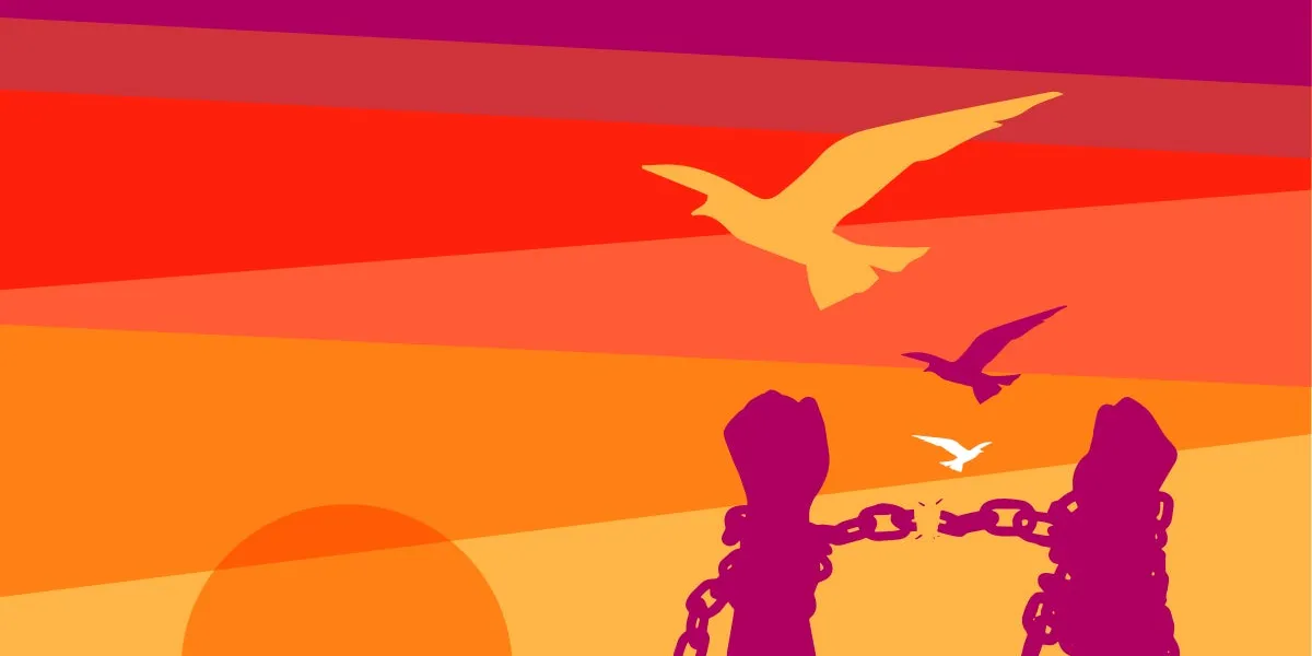 sun rising with two hands breaking chains and birds flying above them