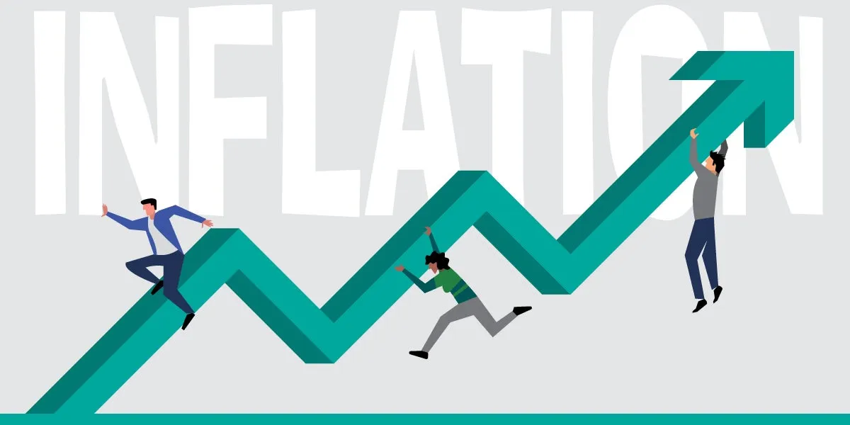 Cartoon image of a graph line with people holding on to it in front of the word inflation