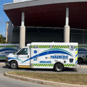 Ambulances parked outside of a hospital