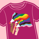 Illustration of a pink t-shirt with pride flags coming out of megaphones