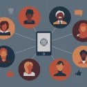 Illustration of a group of diverse businesspeople participating in a video call. A smartphone is at the centre of the circle of people.