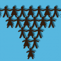 Female and male stick figures stacked in an inverted pyramid on a blue background