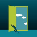 Myth buster Small person in a dark room opening a large door to a blue sky