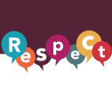 Respect Multi-coloured text bubbles with the word "respect" on a purple and white background