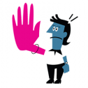 Stop harassment Cartoon of frowning person with blue skin holding up one exaggerated big pink hand in a stop motion