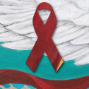 Red ribbon on a blue background with a white wing 