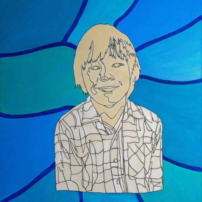 drawing of a young boy on a blue swirling background