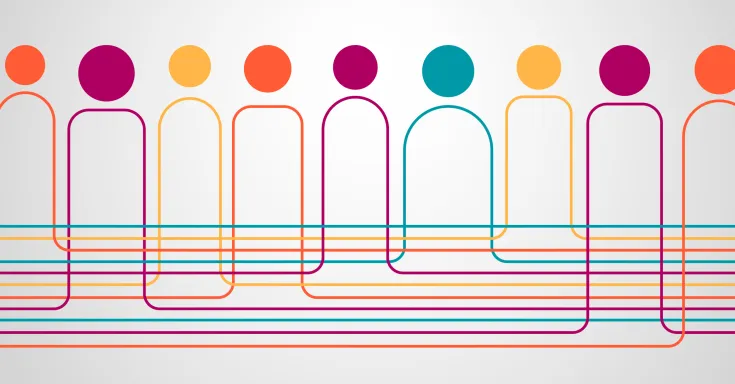 An abstract graphic of people with bodies as single lines and different coloured circles for heads