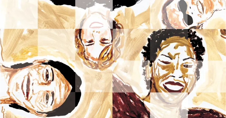 Sketch drawing of four smiling faces