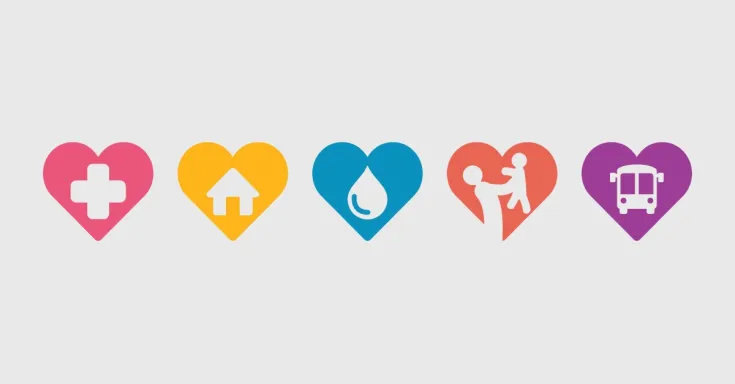 Series of colourful hearts, each with a white icon depicting a public service