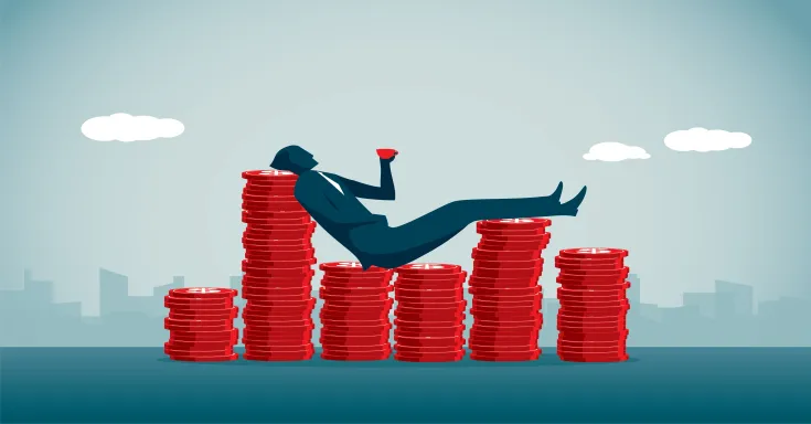 Corporate executive sitting on stacks of money