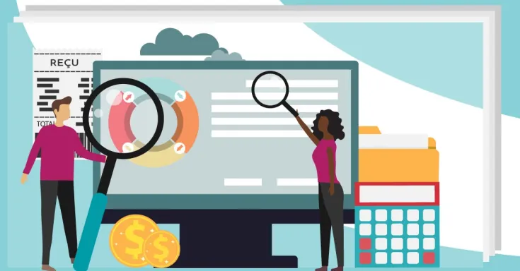 Caricature de deux personnes minuscules tenant des loupes devant un écran d'ordinateur