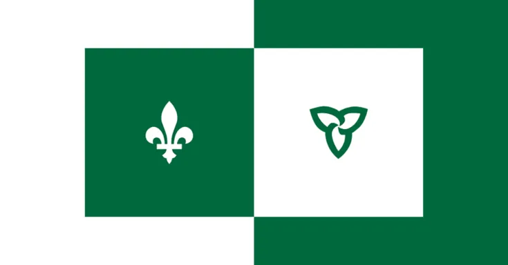 Franco Ontario flag, solid green background on left with white fleur-de-lys, white background on right with green trillium