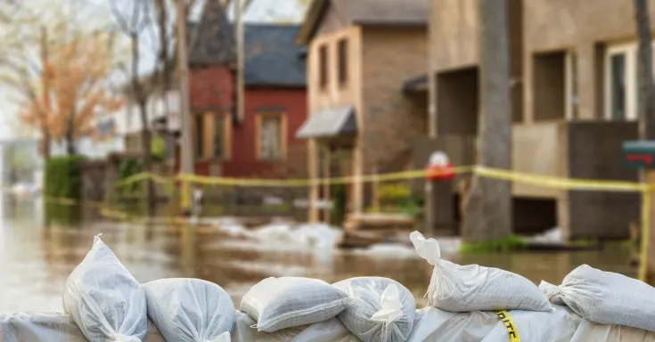 Flood protection sandbags with flooded homes in the background