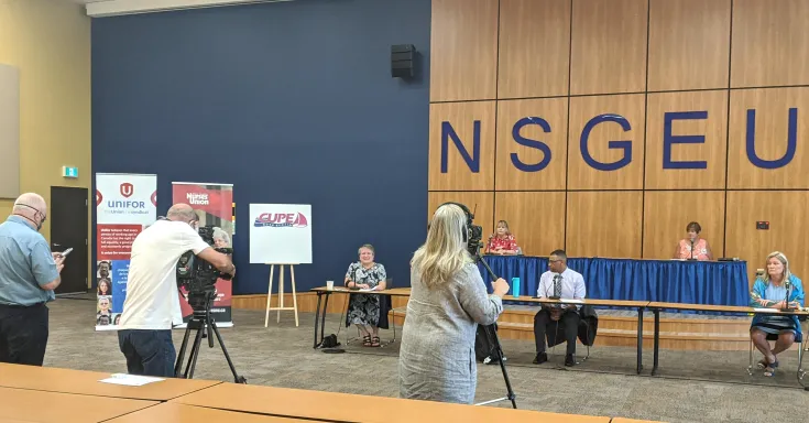 Nan McFadgen four other presidents of health care unions in Nova Scotia hold a news conference