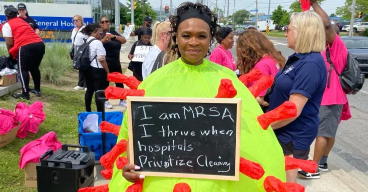 MRSA puppet at a rally in Etobicoke against privatizing hospital cleaning