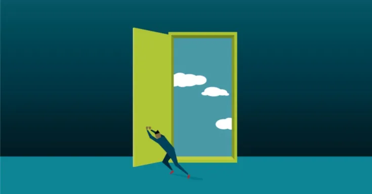 Small person in a dark room opening a large door to a blue sky