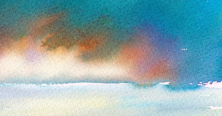 abstract watercolour of sky in blue pink and orange