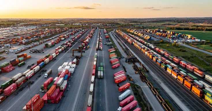 Train cars in a rail yard