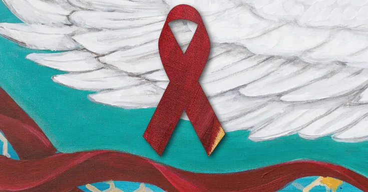 Red ribbon on a blue background with a white wing 